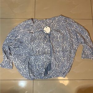 En Creme Oversized Blue Boho Tassel Blouse Size Small